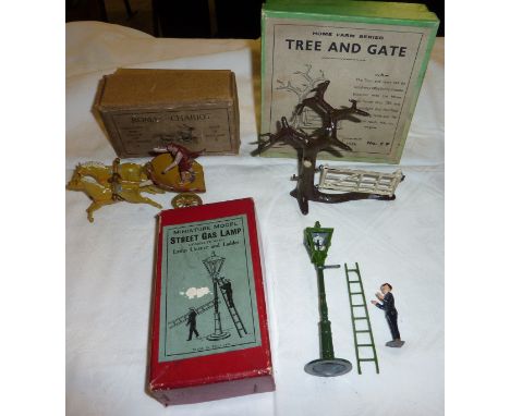 Tin plate Roman Chariot complete with driver and 2 horses in original box, Britain Home Farm series tree and gate in original