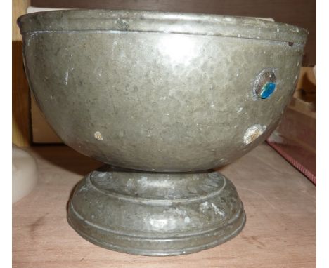 Liberty & Co 'Tudric' patternated and hammered Pewter bowl on circular pedestal form with remains of enamel cabochons stamped