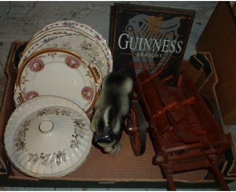 Ceramic shire horse, decorative plates, wooden cart etc