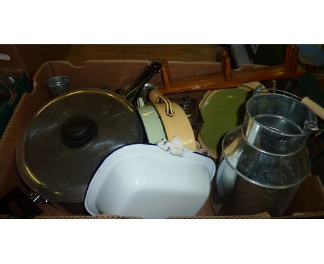 Box of kitchenalia inc enamel ware etc