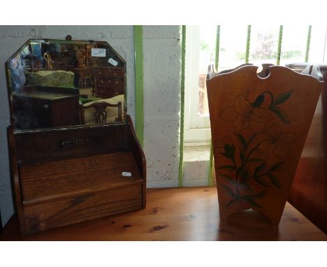 1930's oak mirror and wall box and a stick stand with floral detail (2)