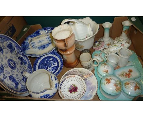 Ceramic dressing table sets, miniature mugs, candlesticks, blue and white plates etc