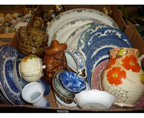 3 Grindley graduating meat plates, blue and white meat plates, Arthur Wood jug, 2 ceramic tea canisters etc