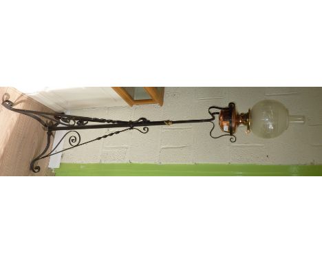 Brass & wrought metal adjustable height oil lamp with copper reservoir and etched glass shade