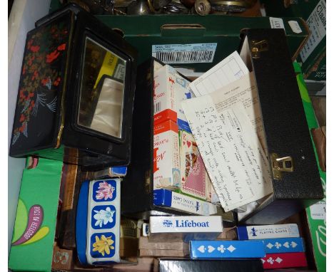 Box of playing cards, cribbage boards etc