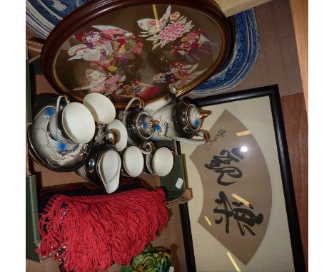 Oriental tea service, oriental framed pictures etc
