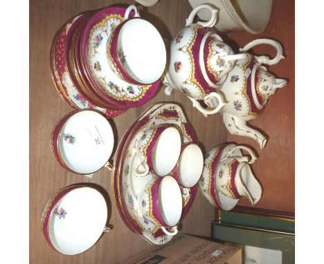 19thC tea set with floral and gilt decoration comprising of tea pot, sucrier, cups, saucers, milk jug, tea plates etc