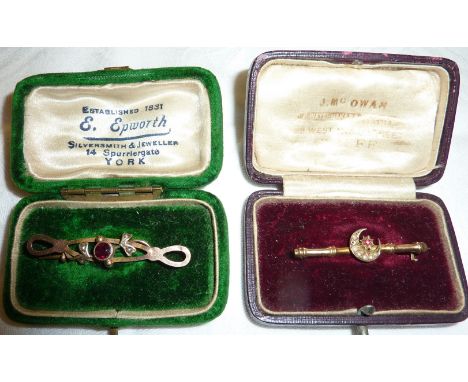 9 ct gold amethyst and sea pearl brooch and 9 ct gold bamboo brooch with crescent inset with pearls and garnet