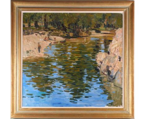 George Devlin, R.S.W., R. S.I. (Scottish. B. 1937) The Ceze, Pays du Gard, oil on canvas, signed lower right, 81 cm x 85 cm. 