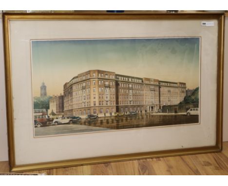 English School c.1930, ink and watercolour, Architectural View of Grosvenor Mansion Block, 51 x 98cm