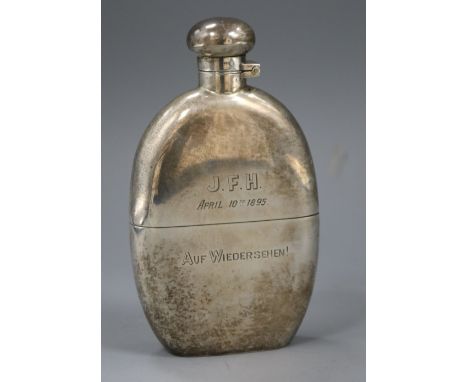 A late 19th century Australian white metal spirit flask, by Brunkhorst, 12.5cm.