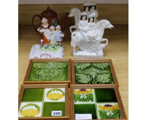 Four Victorian tiles, a pair of Staffordshire figures, a Wedgwood teapot and a Yardley English soap stand