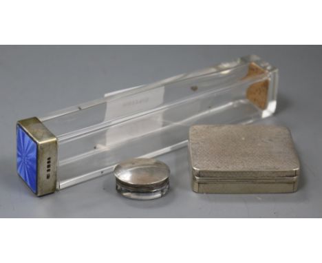 A silver compact (a.f.), a small white metal topped glass box and a silver and enamel glass box.