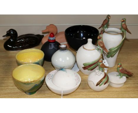 A collection of small studio glass and pottery including two David Walters ducks, one red terracotta, the other ceramic and g