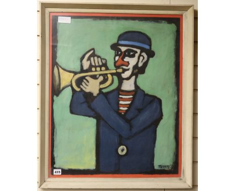 Edward Mooney, oil on paper, clown playing a trumpet, signed and dated '59, 67 x 55cm