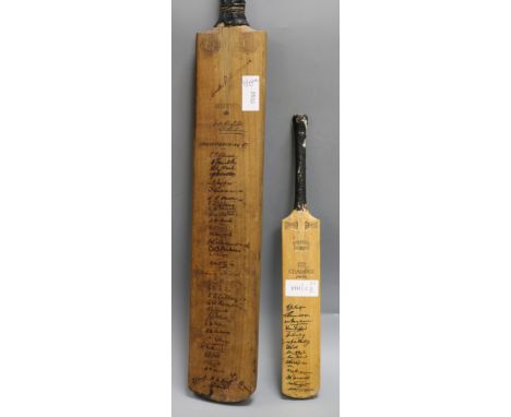 Gloucestershire Cricket Club First XI. An early 20th century signed cricket bat to include W. R. Hammond and a miniature bat 