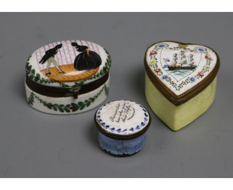 A South Staffordshire patch box, enamelled with a ship and two others