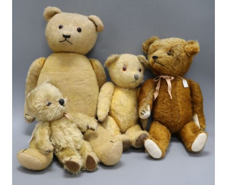 Four vintage teddy bears: Chad Valley, c.1950's, English c.1950's, German 1920's and Perry