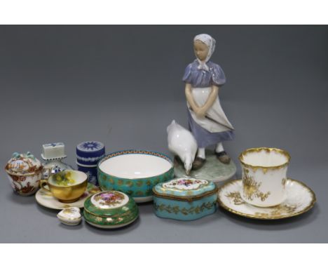 A Royal Copenhagen porcelain figure of Goose-Girl, Worcester cup and saucer, a Limoges box and assorted porcelain