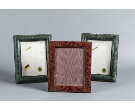 PAIR OF VINTAGE GREEN STAINED CROCODILE LEATHER PICTURE FRAMES & A BROWN CROCODILE LEATHER FRAME The pair circa 1950-1960, of