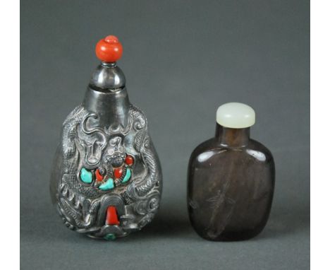 CHINESE TURQUOISE & CORAL EMBELLISHED PEWTER SNUFF BOTTLE  Decorated with dragons; together with a hard stone snuff bottle, b