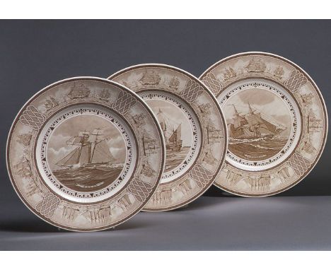 SET 12 WEDGWOOD BROWN TRANSFER PRINTED 'AMERICAN SAILING SHIP' CERAMIC DINNER PLATES Each central recess with a different Ame