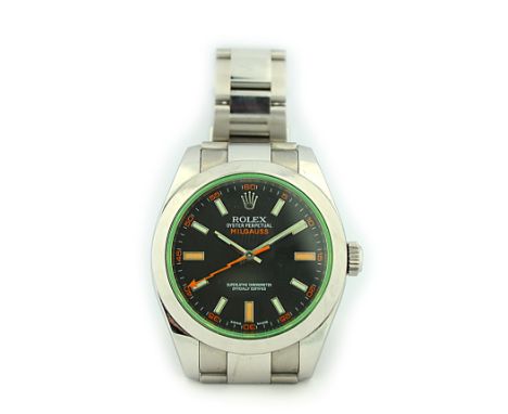 ROLEX MILGAUSS GENTLEMAN'S WRISTWATCH, GREEN CRYSTAL Rolex officially certified chronometer self-winding movement, stainless 