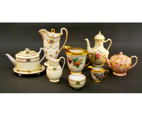 NINE ENGLISH AND DANISH PORCELAIN TEA SERVICE ITEMS 20th century, comprised of a Minton elegantly shaped tapered parcel gilt 