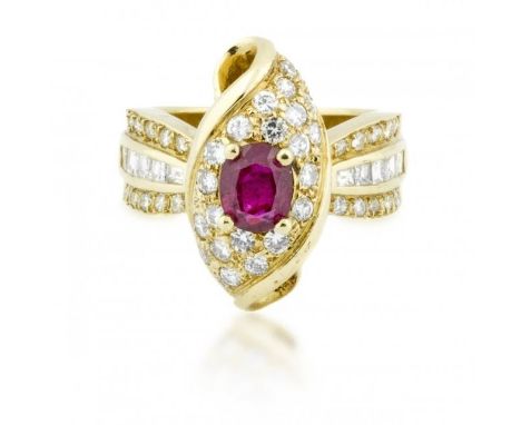 FINE 18 KARAT RUBY & DIAMOND RING Set with an oval-cut ruby measuring approximately 6.51 by 5.19 mm, accented by round and sq