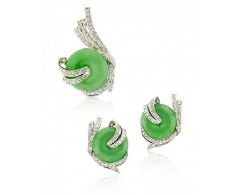 JADE & DIAMOND EAR CLIPS WITH PENDANT-BROOCH Containing a pair of ear clips and pendant-brooch, the ear clips center jade rin
