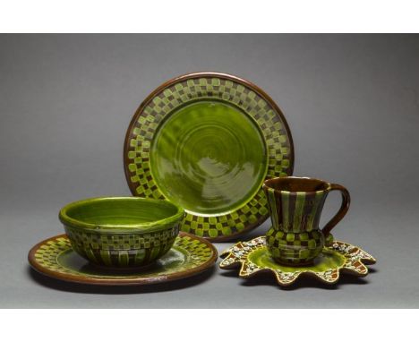 MACKENZIE-CHILDS TWENTY- FOUR PIECE GREEN GLAZED CERAMIC LUNCHEON SERVICE Modern, impressed MacKenzie-Childs, LTD., New York 