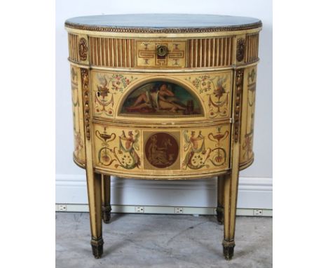 GEORGE III STYLE FAUX MARBLE-INSET PAINTED OVAL BEDSIDE CUPBOARD, circa 1930,decorated in the manner of George Brookshaw, the