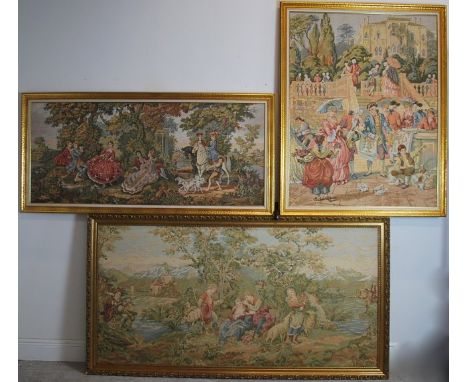 THREE LARGE FIGURAL & VILLAGE LANDSCAPE TAPESTRY PANELS  20th century, machine made, each large panel with figures in histori