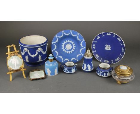 GROUP OF ASSORTED WEDGWOOD JASPERWARE MOUNTED/FITTED GLASS AND METAL TABLE ITEMS Early 19th through 20th century, most Englis