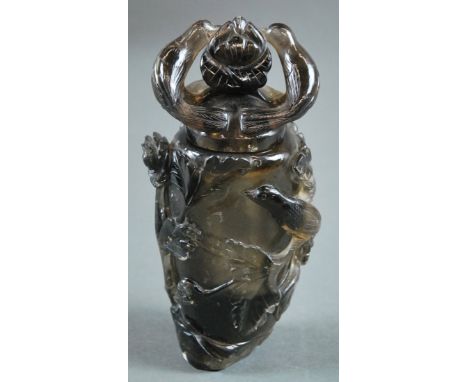 Property Of A Palm Beach Lady  CHINESE CARVED SMOKEY QUARTZ COVERED VASE The tapered vessel of light gray to almost black car