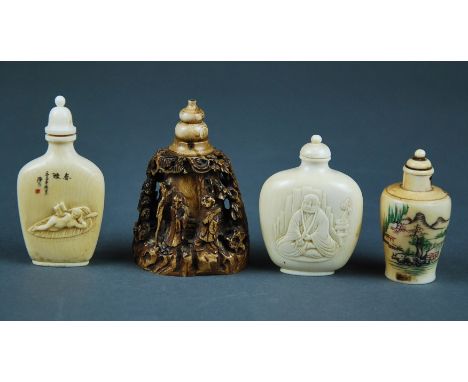 FINE CHINESE CARVED IVORY EROTIC SNUFF BOTTLE & THREE FURTHER IVORY SNUFF BOTTLES,  The first, circa 1930, of baluster form w