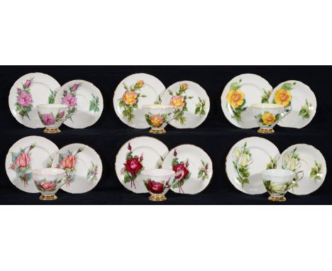 A HARLEQUIN SET OF SIX PARAGON BONE CHINA SIX WORLD FAMOUS ROSES PATTERN TEACUPS, SAUCERS AND PLATES DESIGNED BY HARRY WHEATC