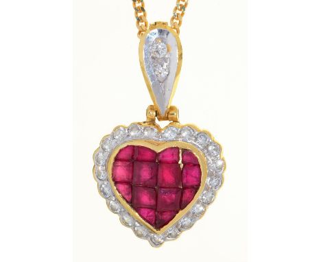 A RUBY AND DIAMOND PENDANT OF HEART SHAPE WITH DIAMOND LOOP, IN GOLD MARKED 750, 20MM OVERALL AND A GOLD NECKLET MARKED 750, 