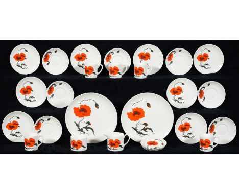 A WEDGWOOD BONE CHINA CORNPOPPY TEA SERVICE DESIGNED BY SUSIE COOPER, C1970S, SAUCER 14.5CM DIAM, PRINTED MARK (25) A small p