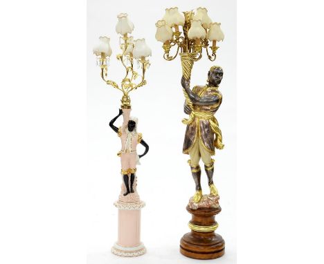 A GILT AND SILVERED WOOD BLACKAMOOR CANDELABRUM, 20TH C, IN 18TH C STYLE, ON TURNED PEDESTAL AND ANOTHER OF PAINTED EARTHENWA