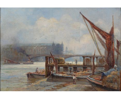 THOMAS HALE SANDERS (EXL 1880-1906) - THE THAMES AT LOW WATER BANKSIDE, CANNON STREET STATION IN THE DISTANCE, SIGNED AND DAT