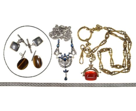 A SILVER NECKLACE, BANGLE, VICTORIAN GOLD PLATED ALBERT WITH LATER 9CT GOLD AND CITRINE FOB SEAL, ETC Generally good conditio