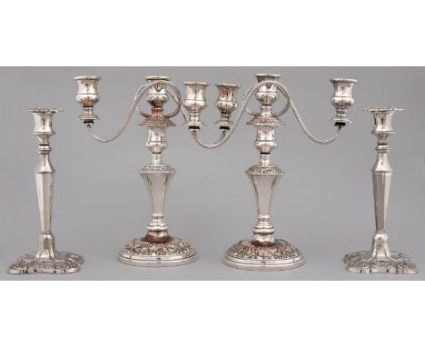 A PAIR OF EPNS CANDELABRA OF THREE LIGHTS, 20TH C, HAVING REEDED SCROLLING BRANCHES AND LEAFY SCROLLING BORDERS, 32CM H AND A