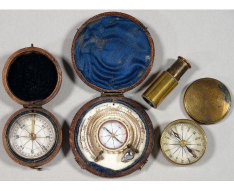 A VICTORIAN IVORY POCKET COMPASS AND MERCURY THERMOMETER IN MAROON MOROCCO CASE, LATE 19TH C, 66CM DIAM, TWO VICTORIAN BRASS 