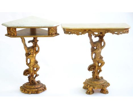 A GILTWOOD CONSOLE TABLE, 20TH C, WITH PUTTO SUPPORT AND RECONSTITUTED STONE SLAB AND A SIMILAR CORNER TABLE, 85CM H X 67CM W