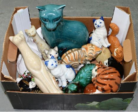 A POOLE DOLPHIN BLUE GLAZED EARTHENWARE MODEL OF A CAT, 1980'S, 29CM H, PRINTED MARK AND EIGHTEEN VARIOUS OTHER POTTERY AND P