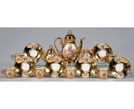 A GERMAN GILT GROUND COFFEE SERVICE, CIRCA MID 20TH C, PRINTED AND PAINTED WITH 18TH C LOVERS, COFFEE POT AND COVER 19CM H, G
