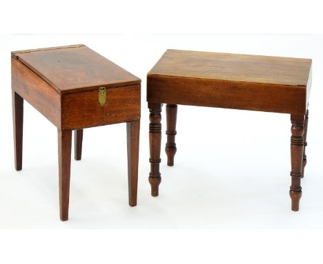 A VICTORIAN MAHOGANY BIDET WITH BRASS PUSH BUTTON LOCK, ON SQUARE TAPERING LEGS, 47CM H; 50 X 28CM AND A CONTEMPORARY MAHOGAN