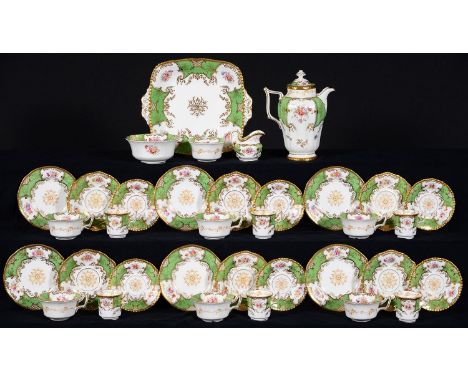A COALPORT&nbsp; GREEN&nbsp; BATWING PATTERN TEA AND COFFEE SERVICE, EARLY 20TH C, THE SERVICE INCLUDING WISH BONE HANDLED JU