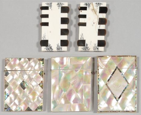 A VICTORIAN MOTHER OF PEARL CARD CASE AND TWO CONTEMPORARY MOTHER OF PEARL AND ABALONE CARD CASES, ONE WITH ENGINE TURNED LOZ
